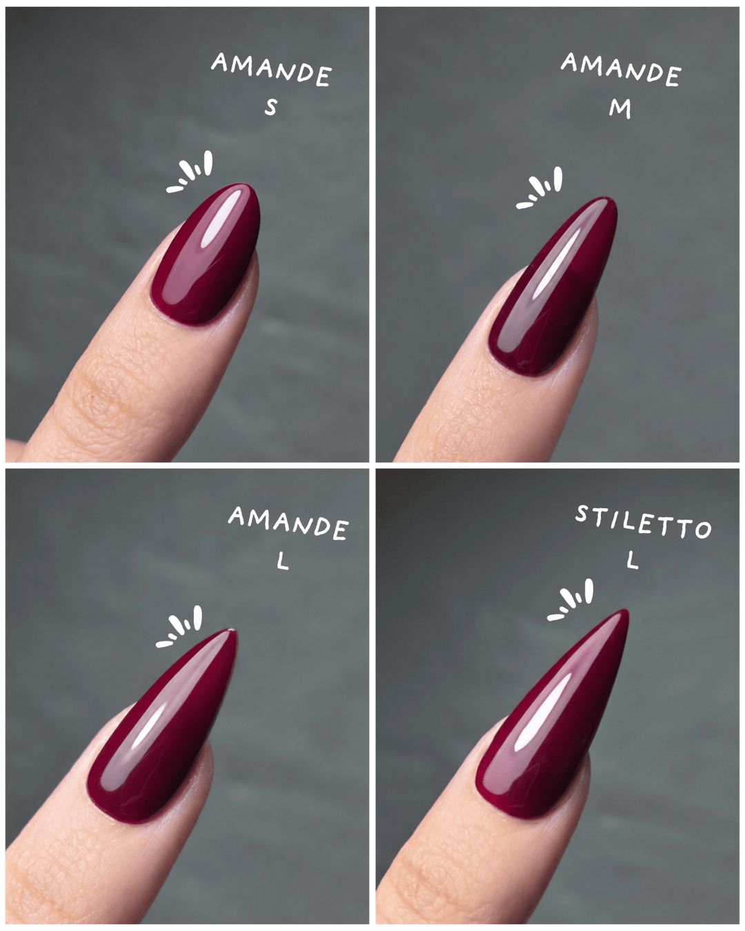 Rendu porté des press on nails forme amande en taille S, M et L, et stiletto en taille L