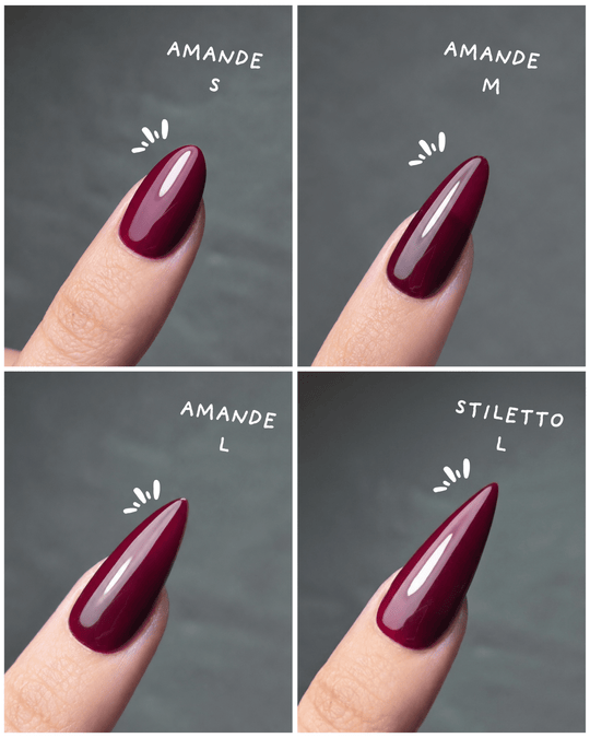 Rendu porté des press on nails forme amande en taille S, M et L, et stiletto en taille L