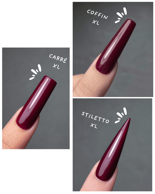 Rendu porté des press on nails en taille XL : carré, coffin et stiletto