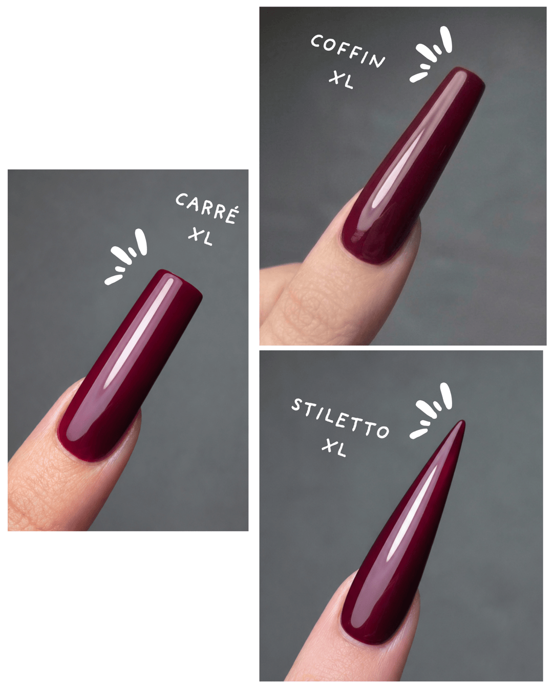Rendu porté des press on nails en taille XL : carré, coffin et stiletto