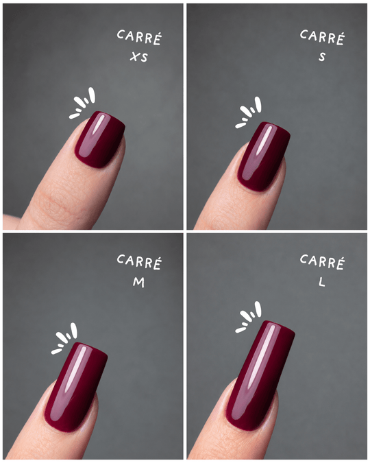 Rendu porté des press on nails forme carré en taille XS, S, M et L