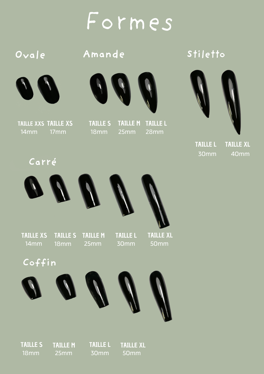 Les formes d'ongles Neiju et leurs mesures : ovale, amande, stiletto, carré et coffin, taille par taille en millimètres